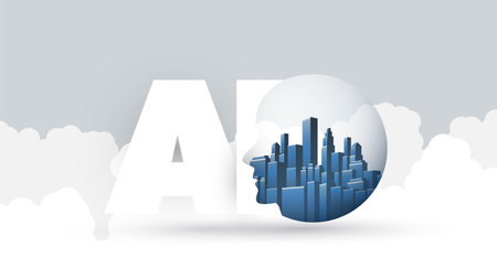Smart City, Automated Digital Control, Deep Learning, Artificial Intelligence Cloud Computing and Future Technology Concept Design with Cityscape in a Globe, Human Head and Clouds -Vector Illustrationのイラスト素材