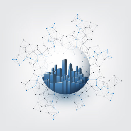 Futuristic Smart City, IoT and Cloud Computing Design Concept with Polygonal Mesh, Cluster and Nodes - Cityscape Inside a Transparent Globe - Digital Network Connections, Technology Vector Backgroundのイラスト素材
