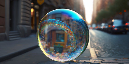 A colorful soap bubble rolling in the street of a city. Focus on the bubble, buildings around. The environment is slightly blurred. Depth of field. Image created using Generative AIの素材