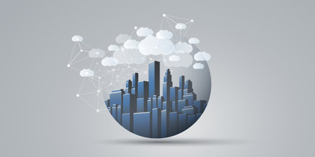 Blue, Grey and White Smart City, Cloud Computing Design Concept with Transparent Globe and Cityscape , Tall Buildings, Skyscrapers Inside - Digital Polygonal Network Connections, Technology Backgroundのイラスト素材