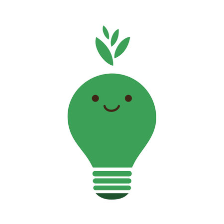 Green Light Bulb Isolated on White Background - Lightbulb Emoji with Funny Face, Emotion - Creative Concept of Idea, Green Energy, Eco Solutions - Vetor Illustration Isolated on White Backgroundのイラスト素材