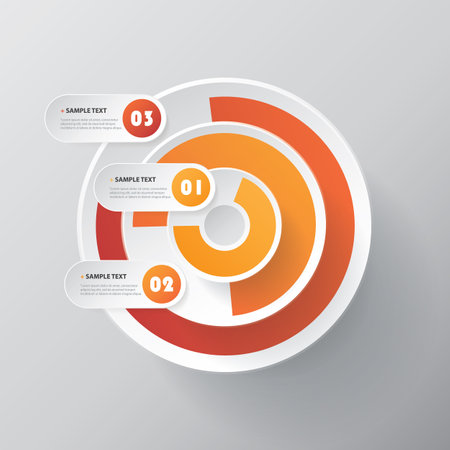 Colorful Circular Round Concentric 3D Shape - Red, Orange and Brown Colored Visualization Template, Diagram, Graph, Infographic Design with Numbered Pie Charts on Grey Backgroundのイラスト素材