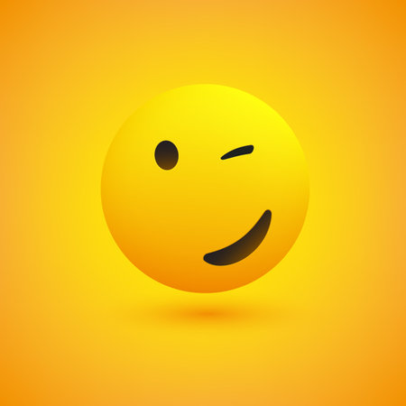 Smiling and Winking Emoji - Simple Shiny Happy Emoticon on Yellow Background - Vector Designのイラスト素材