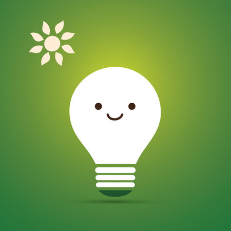 White Smiling Light Bulb on Green Background - Lightbulb Emoji with Funny Face, Emotion - Creative Concept of Idea, Green Renewable Energy, Eco Solutions, Solar Energy - Vector Illustrationのイラスト素材