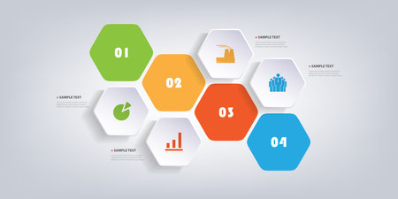 Colorful - Blue, Green, Orange and Red - Modern Style Creative Vector Infographics Design - Set of Minimalist Numbered Geometric Shapes, Round Hexagons Mosaic with Iconsのイラスト素材