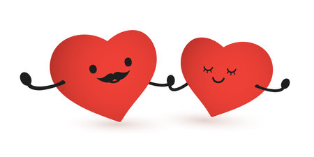 Cute Dancing Heart Shaped Lover Couple - Minimalist Red Valentine's Hearts with Smiling Faces and One with Mustache - Multi Purpose Design, Illustration in Editable Vector Formatのイラスト素材