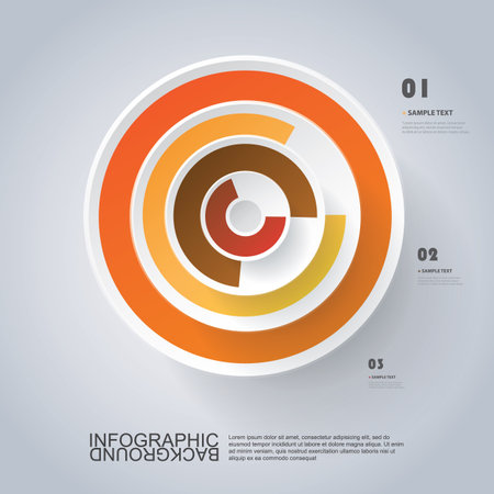 Colorful Circular Round Concentric 3D Shape - Red, Orange and Brown Colored Visualization Template, Diagram, Graph, Infographic Design with Numbered Pie Charts on Grey Backgroundのイラスト素材