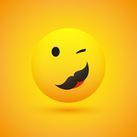 Smiling and Winking Male Emoji with Mustache - Simple Happy Emoticon on Yellow Background - Vector Designのイラスト素材
