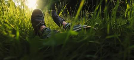 A man is lying in the grass, under trees or thick foilage, bushes. Relaxing, enjoying the scilence of the nature. Natural surroundings, image created by Generative AI.の素材