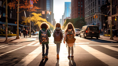Back of three happy children in their 10s walking beside each other on the streets of New York, USA. Colorful image. Urban autumn scene takes place in the morning. Made by Generative AIの素材
