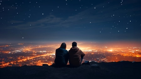 A silhouette of a couple sitting on the top of a hill and watching a night city skyline below, under a dark starry sky. Image created with Generative AIの素材
