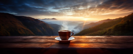 A cup of hot morning coffee with steam on a wooden table against a background of sunrise scene in the mountains. Wide scale panoramic image created by Generative AIの素材