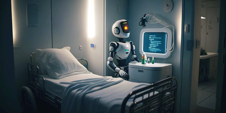 A working robot nurse in a hospital ward beside an empty bed and a monitor of surveillance equipment. Image made by generative AIの素材