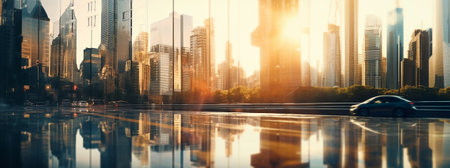 Panorama view of tall buildings towers, skyscrapers and street on the sunset, reflecting sunlight. Image created by Generative AI.の素材