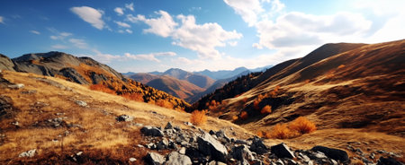 Gorgeous autumn mountain landscape. Rocks and scarce trees with orange, brown leaves away in the hillside. View of a valley, sunlit horizon, sky with clouds above. Image made by Generative AIの素材