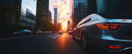 Street view with skyscrapers in the sunset. Cars on the wide sunlit lanes of the street. Image made by Generative AIの素材