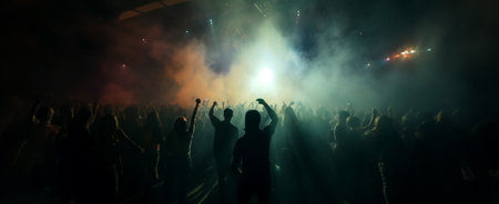 Huge dance floor in a big hall in a nightclub. Colored bright lights from the stage, crowd of thousands of people standing in awe, having fun. Above them are misty glowing lights, fog. Generative AIの素材