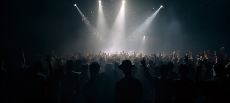 Huge dark performance hall with stage. Crowd of thousands of young people with hands raised in the air. Above them are light beams coming from the stage. - Design created using Generative AIの素材