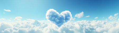 Baby Blue and White Cloudscape, Sky with Floating Heart Shaped Cloud. Love, Romance, Romantic Theme. Wide Panoramic Generative AI Illustrationの素材