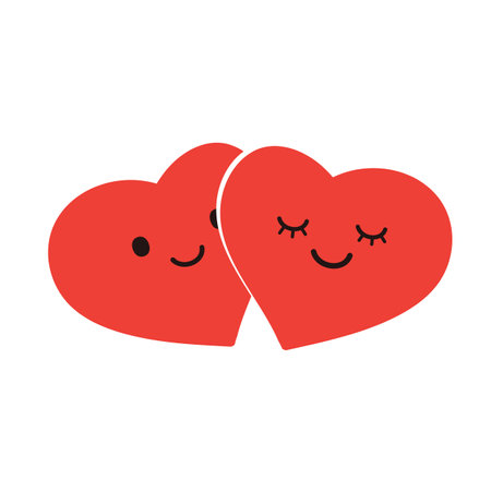 Cute Hugging Heart Shaped Lover Couple - Minimalist Red Valentine's Hearts with Smiling Faces - Togetherness, Bond Concept - Multi Purpose Illustration Vector Design Isolated on White Backgroundのイラスト素材