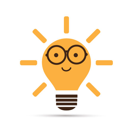 Smart Idea - Design Concept with Shining Bright Smiling Nerd Orange Lightbulb Emoji Wearing Round Glasses - Vector Design Isolated on White Backgroundのイラスト素材