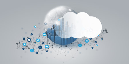 Futuristic Smart City, Cloud Computing Design Concept with 3D Polygonal Mesh, Cluster, Nodes, Icons and White Cloud - Global Digital Network Connections Between Devices, Technology Vector Backgroundのイラスト素材