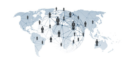 Digital Networks, IT, Global Business Connections - Team Work or Social Media Concept Design with Globe, Connected People and Transparent Polygonal Network Mesh - Template Isolated on White Backgroundのイラスト素材