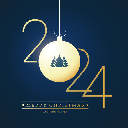 Golden Merry Christmas and Happy New Year Greeting Card with Pine Tree on a Christmas Ball, Creative Design Template for Best Wishes Cards, Year 2024のイラスト素材