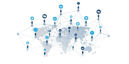 Modern Style Global Networks, Worldwide Business, IT Connections - Social Media Concept Design with Globally Connected People, Geometric Polygonal Mesh, Icons and World Map - Isolated Vector Templateのイラスト素材