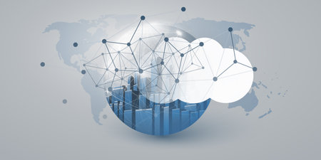 Smart City, Cloud Computing Design Concept with Transparent Globe and World Map - Digital Network Connections, Technology Background Vectorのイラスト素材