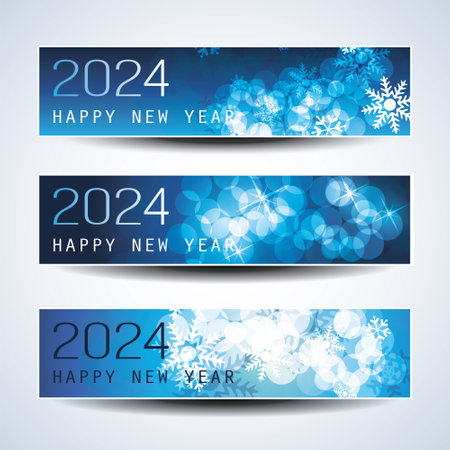Set of Sparkling Shimmering Ice Cold Blue Horizontal Christmas, Happy New Year Headers or Banners for Web, Vector Design Template - 2024のイラスト素材