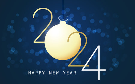 Golden Merry Christmas and Happy New Year Greeting Card with Christmas Ball, Bokeh Effect - Creative Design Template for Best Wishes Cards, Year 2024のイラスト素材
