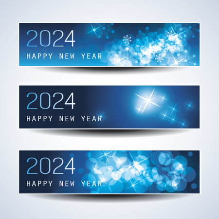 Set of Sparkling Shimmering Ice Cold Blue Horizontal Christmas, Happy New Year Headers or Banners for Web, Vector Design Template - 2024のイラスト素材