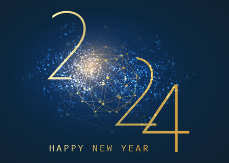 Golden and Dark Blue Modern Style Happy New Year Greeting Card, Creative Vector Design Template with Polygonal Globe on Glittering Background - 2024のイラスト素材