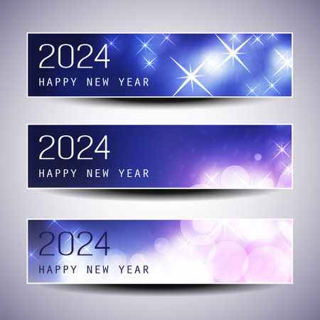 Set of Sparkling Shimmering Ice Cold Blue and Purple Horizontal Christmas, Happy New Year Headers or Banners for Web, Vector Design Template with Copyspace - 2024のイラスト素材