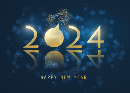 Dark Blue and Golden New Year Card Template with Fireworks - 2024のイラスト素材