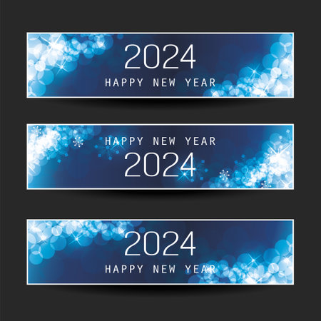 Set of Sparkling Shimmering Ice Cold Dark Blue Horizontal Christmas, Happy New Year Headers or Banners for Web, Vector Design Template - 2024のイラスト素材