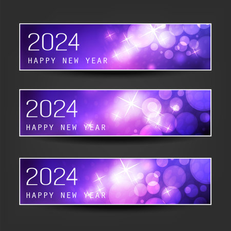 Set of Sparkling Shimmering Ice Cold Purple Horizontal Christmas, Happy New Year Headers or Banners for Web, Vector Design Template - 2024のイラスト素材