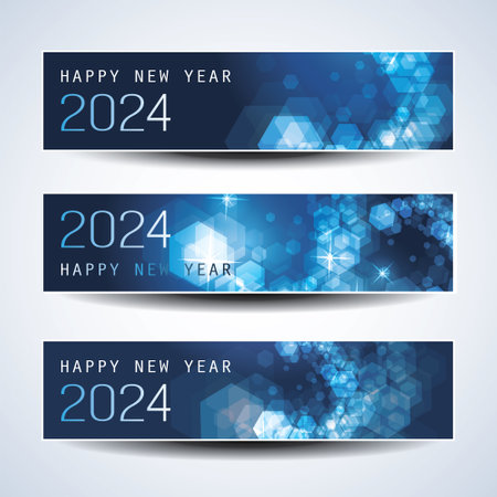 Set of Sparkling Shimmering Ice Cold Blue Horizontal Christmas, Happy New Year Headers or Banners for Web, Vector Design Template - 2024のイラスト素材