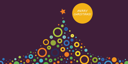 Colorful Modern Style Christmas Greeting Card, Simple Minimalist Tree Made of Colorful Rings and Star on Top, Design on Dark Background - Vector Concept with Copyspaceのイラスト素材