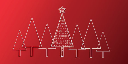 Minimalist Christmas Tree Shapes, Outlines on Red Background with Merry Christmas Typography, Letters Pattern - Holiday Template, Vector Designのイラスト素材