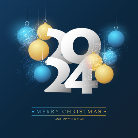 Best Wishes - White, Golden and Blue Merry Christmas and Happy New Year Greeting Card with Christmas Balls, Creative Design Template - 2024のイラスト素材
