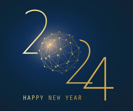 Golden and Dark Blue Modern Style Happy New Year Greeting Card, Creative Vector Design Template with Polygonal Globe - 2024のイラスト素材