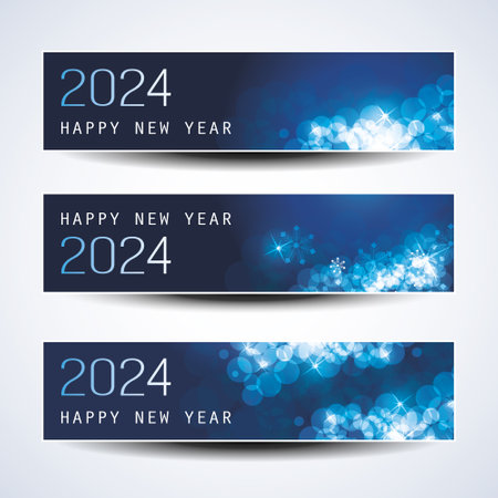 Set of Sparkling Shimmering Ice Cold Blue Horizontal Christmas, Happy New Year Headers or Banners for Web, Vector Design Template - 2024のイラスト素材