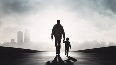 Silhouette of loving father walking side by side, with his son. They're holding hands in a smoggy, foggy street.の素材