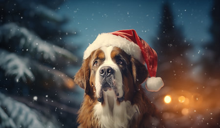A cute large St. Bernard dog looking into the camera and wearing Santa Clausの素材