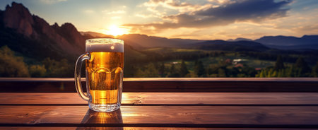 A mug full of beer and foam on a wooden table against a background of sunset scene in the mountains. Wide panoramic view. Image created by Generative AIの素材
