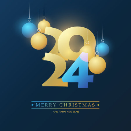 Golden and Blue Merry Christmas and Happy New Year Greeting Card with Christmas Balls, Creative Design Template - 2024のイラスト素材