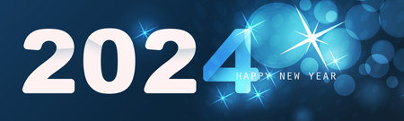 Abstract Blue and White Glossy Horizontal Christmas, New Year Header or Banner, Blurry Vector Design with Bokeh Effect for Year 2024のイラスト素材