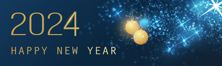 Abstract Golden and Blue Glossy Horizontal Christmas, New Year Header or Banner, Blurry Vector Design with Christmas Balls for Year 2024のイラスト素材